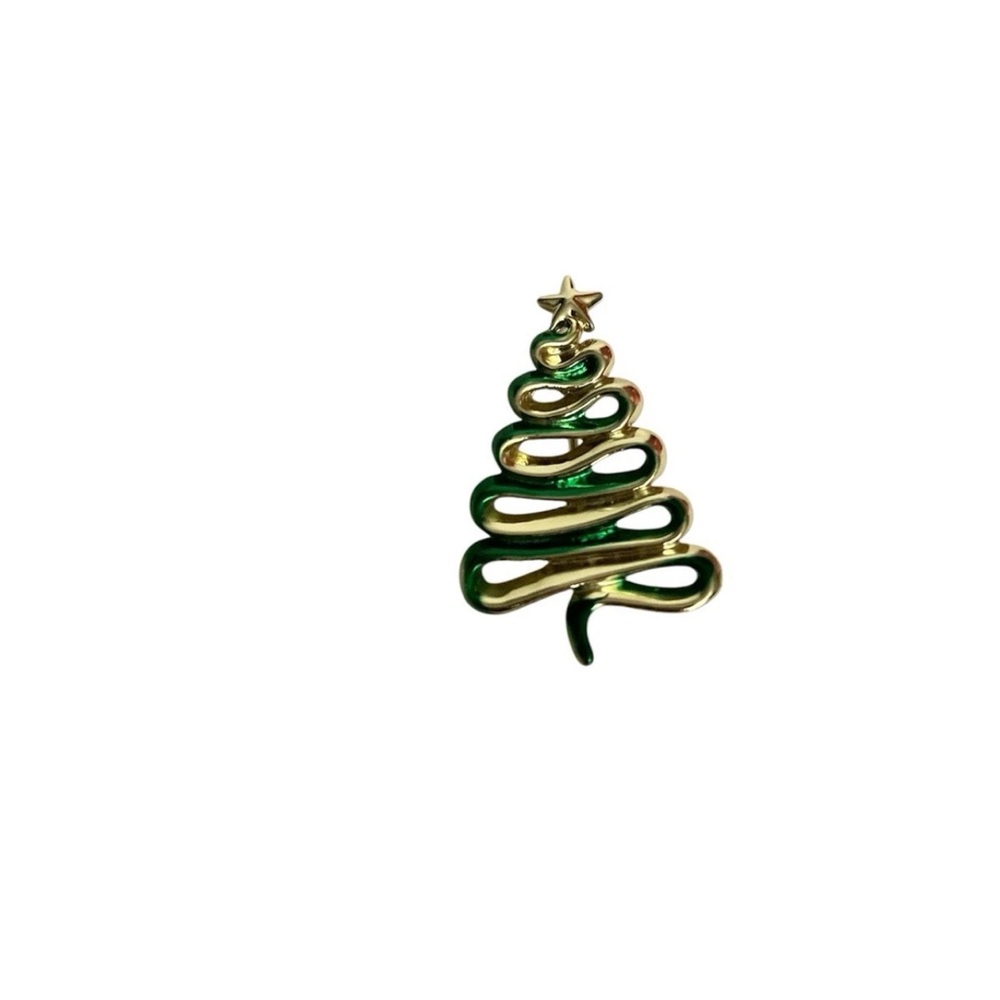 Vintage AJC Christmas Tree Brooch Pin Gold Tone Green Glitter Enamel 2.35"
